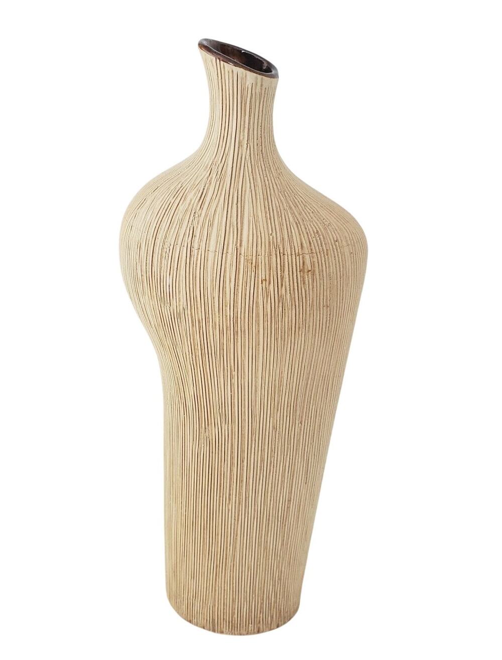 Vintage Tall 13" Ceramic Vase Ribbed Tan Crackle Ribbed Scratched Texture MCM